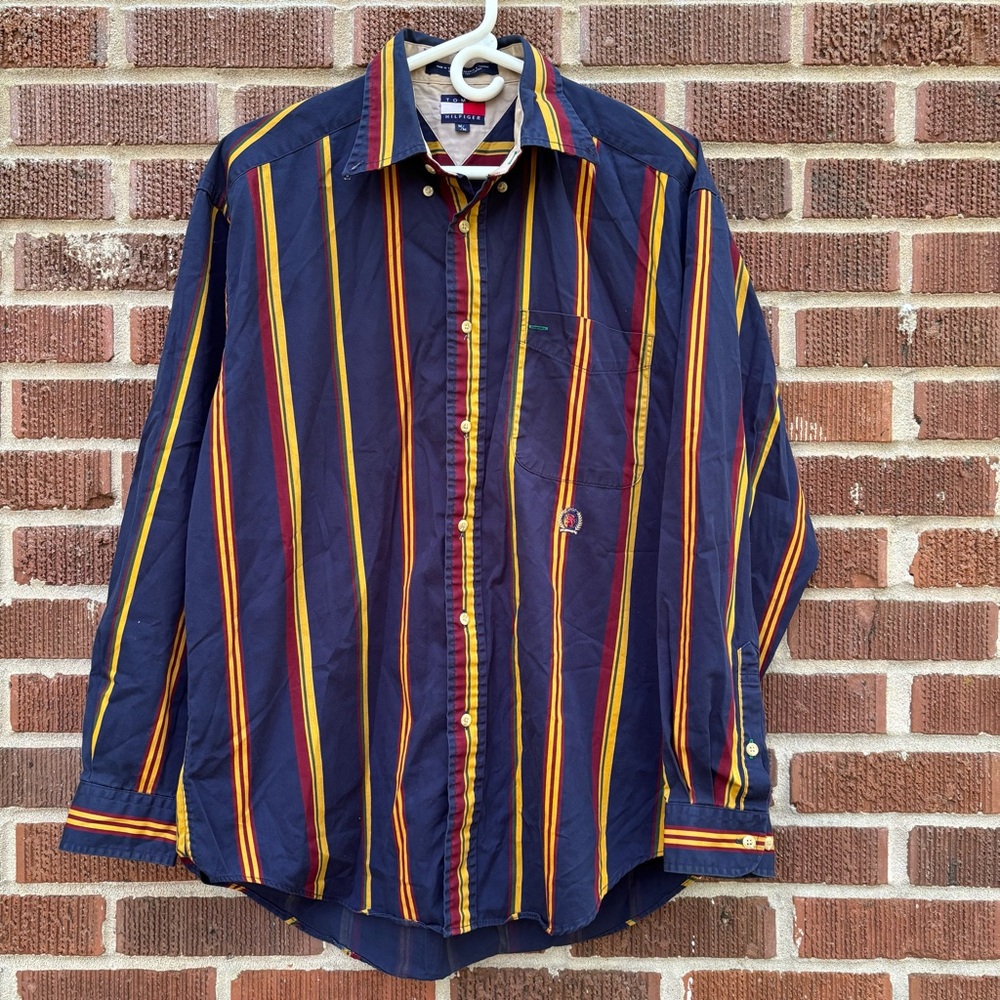 VINTAGE Tommy Hilfiger Shirt Mens M Blue Stripe Denim Long Sleeve Cotton - Picture 1 of 11